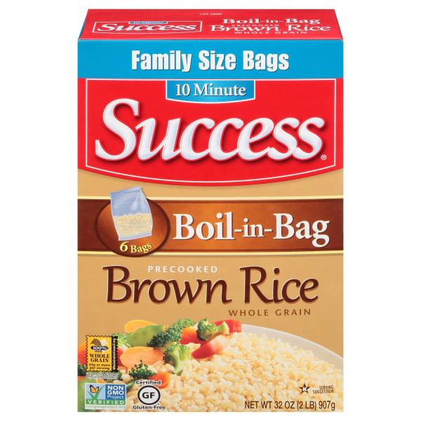 Success Whole Grain Brown Rice, Boil-in-Bag, Precooked, Family Size Bag 32 oz 6 ct