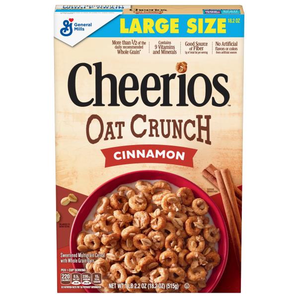 Cheerios Oat Crunch, Cinnamon Cereal Large Size 18.2 oz