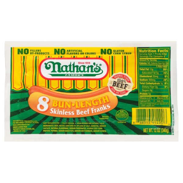 Nathan's Famous Franks, Beef, Skinless, Bun Lengh 8 ct 12 oz (100% Beef)