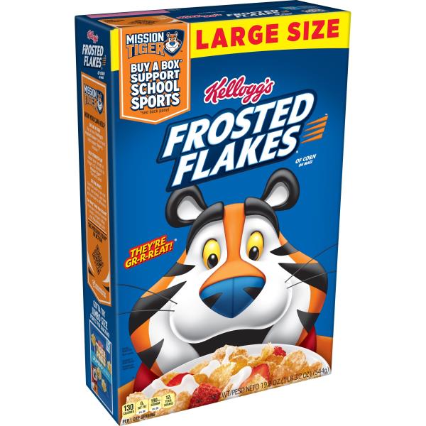 FROSTED FLAKES Cereal Kellogg's Frosted Flakes Breakfast Cereal, Original, Large Size, Fat Free Food, 19.2 oz