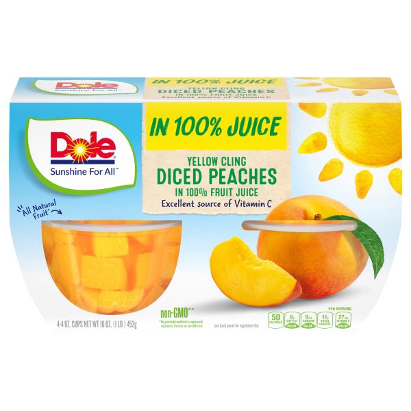 Dole Diced Peaches in 100% Fruit Juice, Yellow Cling 4, 4 oz Cup
