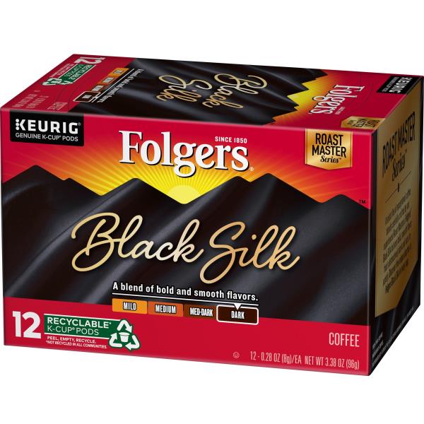 Folgers Keurig Hot Dark Roast, Black Silk,Coffee, K-Cup Pods 12, .28 oz pods