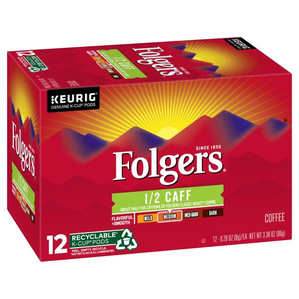Folgers Keurig Hot Medium Roast, 1/2 Caff, Coffee, K-Cup Pods 12, .28 oz pods