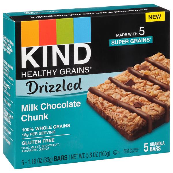 Kind Healthy Grains Granola Bars, Gluten Free, Drizzled, Milk Chocolate Chunk, 5, 1.2 oz