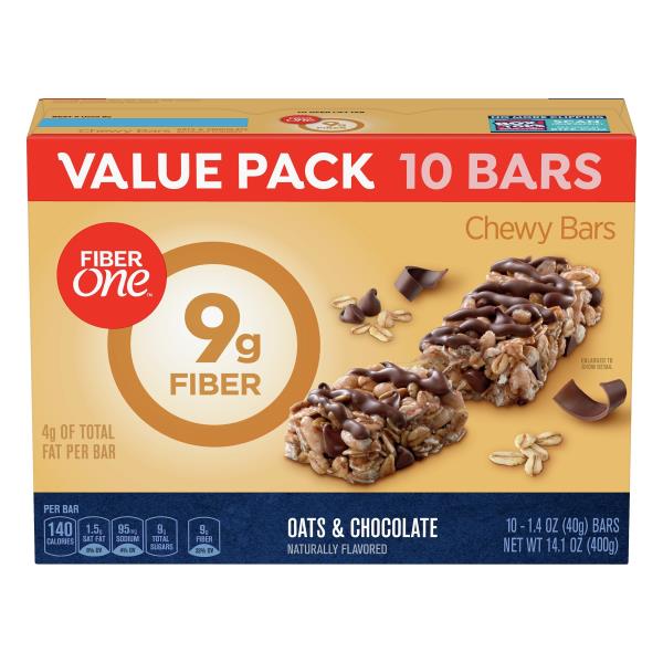 Fiber One Oats & Chocolate Chewy Bars, Value Pack 10, 1.4 oz bars